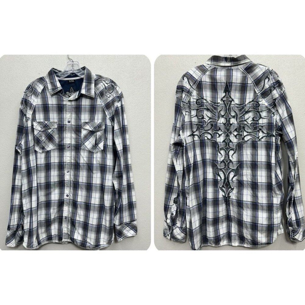 Buckle Roar Button Up Shirt Mens 2XL XXL Plaid Embroidered Long Sleeve Biker
